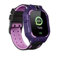 Purple and black smartwatch with a green speech bubble icon on a white background
