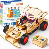 Wooden RC car building project with four-button controller and packaging marked ages 8+