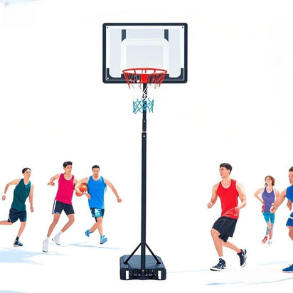 Basketball hoop with players in colorful uniforms on a white background