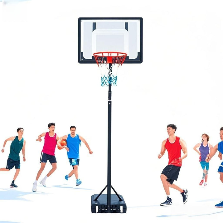 Basketball hoop with players in colorful uniforms on a white background