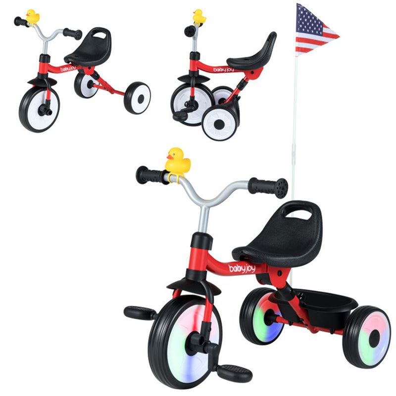GlowRide™ 3-in-1 Foldable Toddler Tricycle – LED Balance Bike with Removable Pedals & Storage Basket