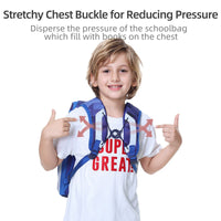 Child wearing a backpack with a stretchy chest buckle, pointing to it on a white background.