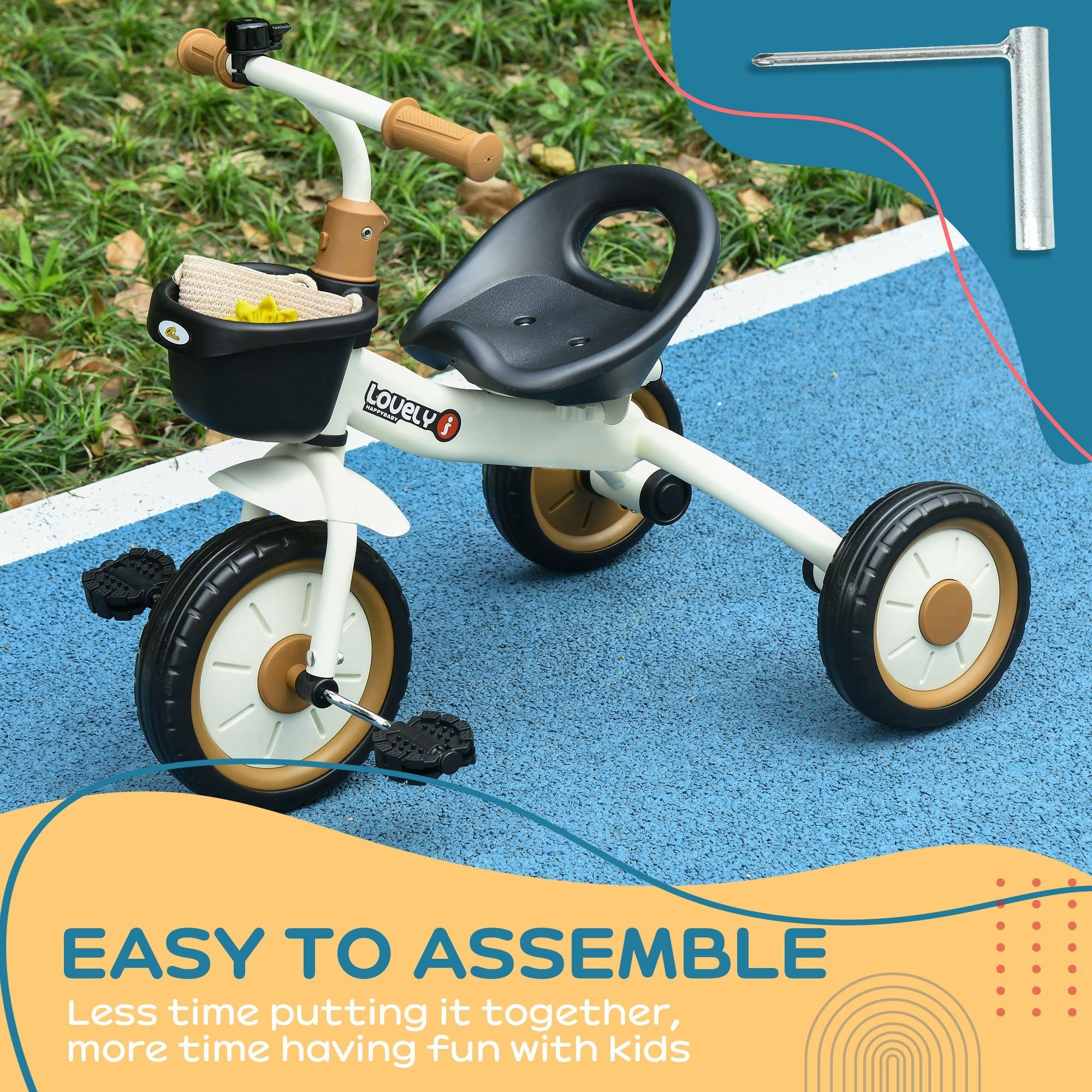 Adjustable Toddler Tricycle with Basket & Bell – White (2–5 Years)