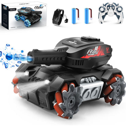 Toy tank with remote control and accessories on a white background