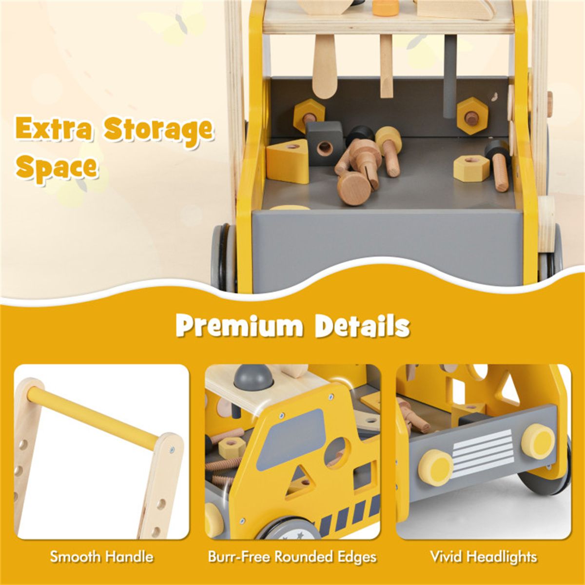 BuildNGo™ 2-in-1 Wooden Push Walker & Tool Bench – Shape Sorter, Rotating Gears & Storage for Kids 3+