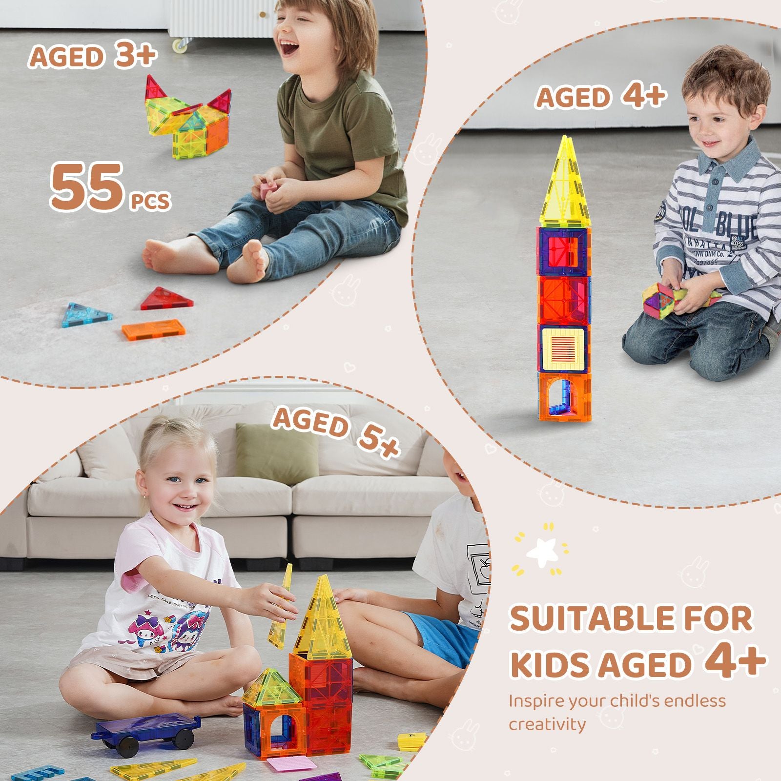 Magnetic Tiles Set – 55PCS STEM Educational Building Toy with Storage Bag
