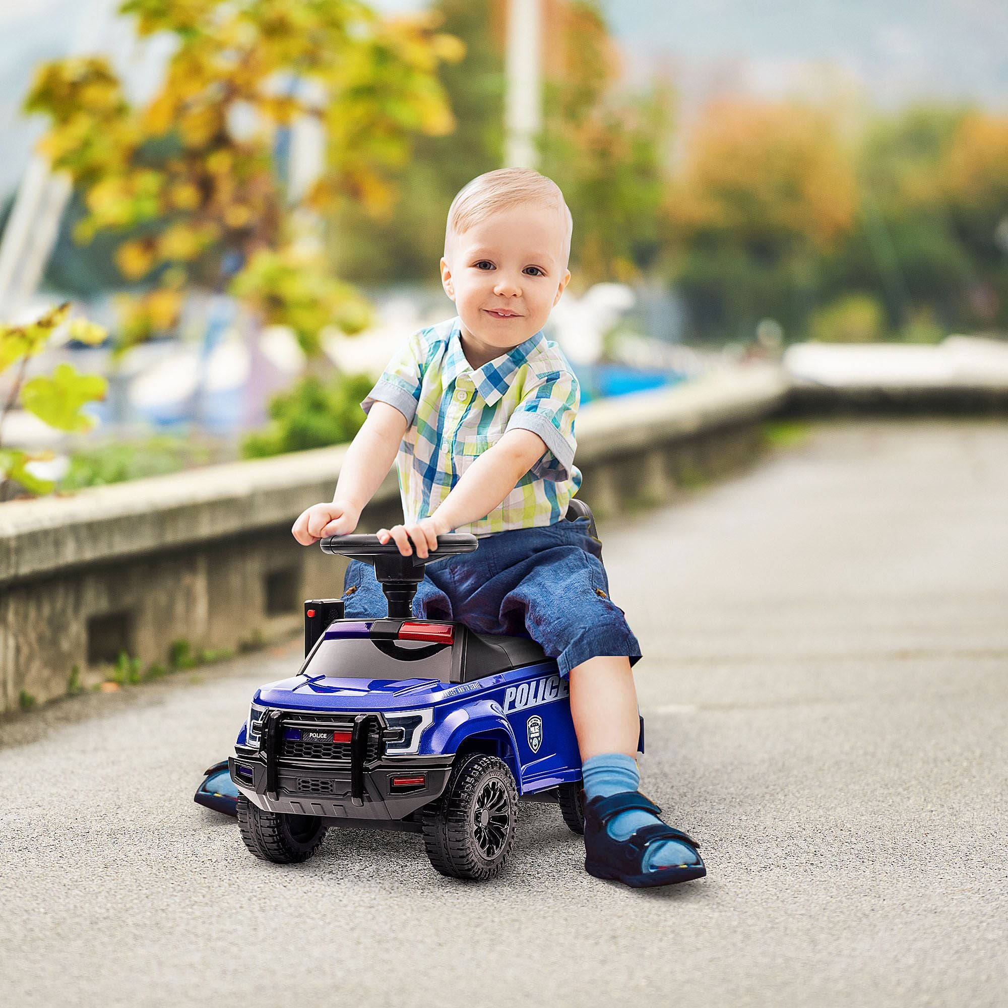 Kids Blue Ride-On Push Car with Megaphone, Sliding Toy with Under Seat Storage, Removable Backrest for Ages 2-5