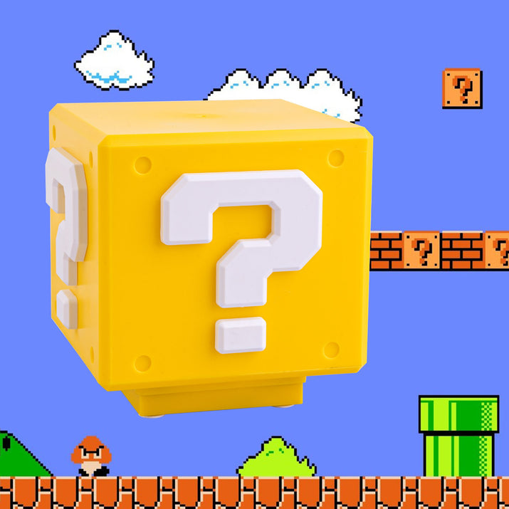 Yellow block with a question mark on a platform background resembling a classic video game level.