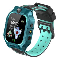 Teal children's smartwatch with a cartoon character on the screen against a white background