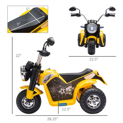 Yellow and black toy motorcycle with dimensions indicated on a white background
