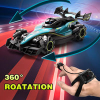 Toy race car with remote control on a colorful racing track background