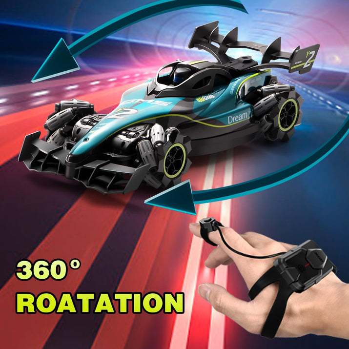 Toy race car with remote control on a colorful racing track background