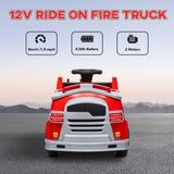 Fire truck specifications showing 12V power, 4.5Ah battery, two motors and 1.9 mph