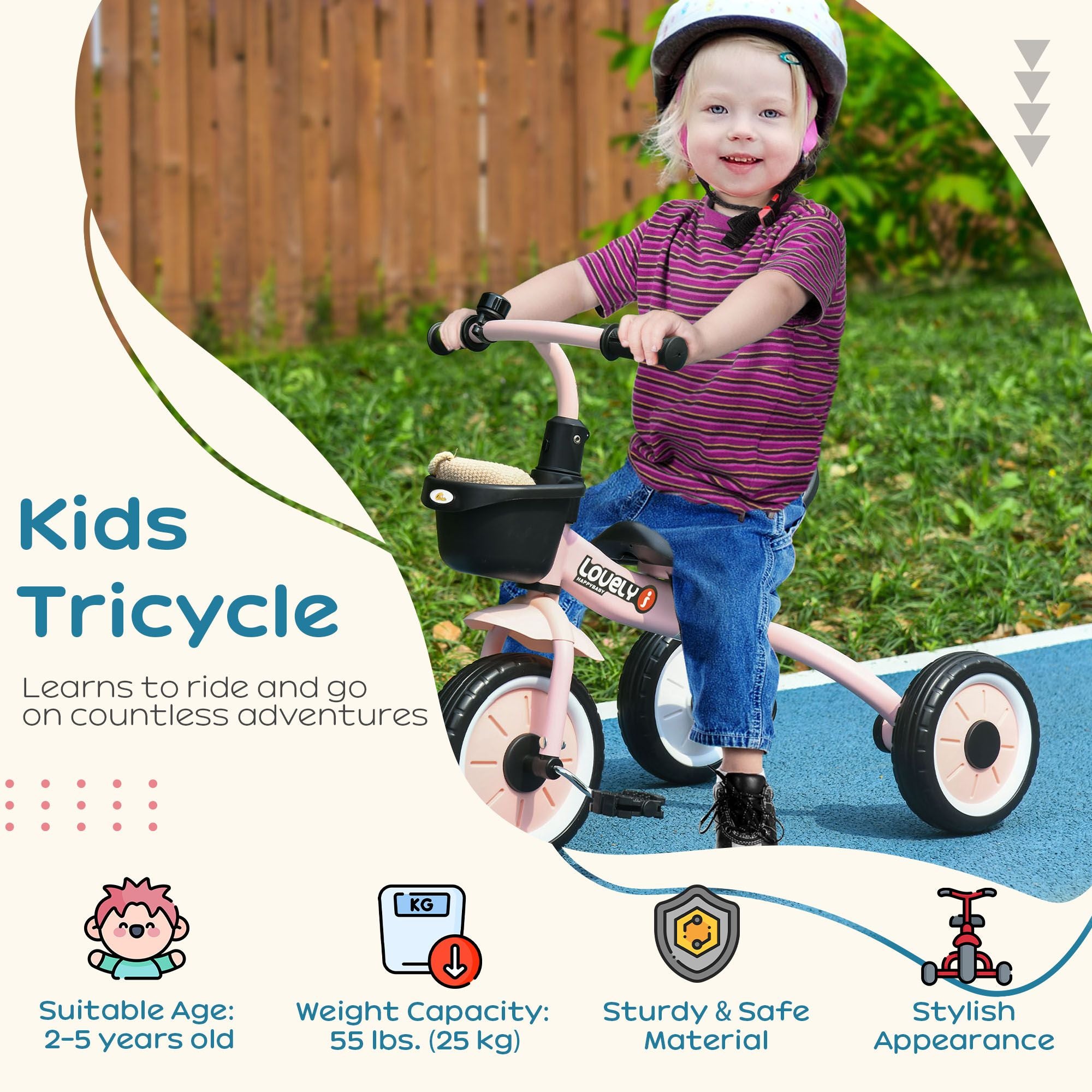 Pink Kids Tricycle for Toddlers Age 2-5 with Adjustable Seat Basket Bell Handlebar Grips Toddler Bike