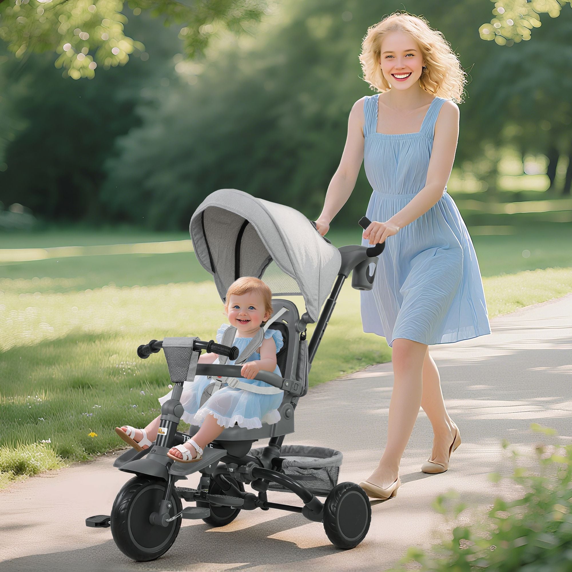 Versatile Kids Tricycle - 6 in 1 with Adjustable Handle & Removable Canopy for 1-5 Year Olds, Gray