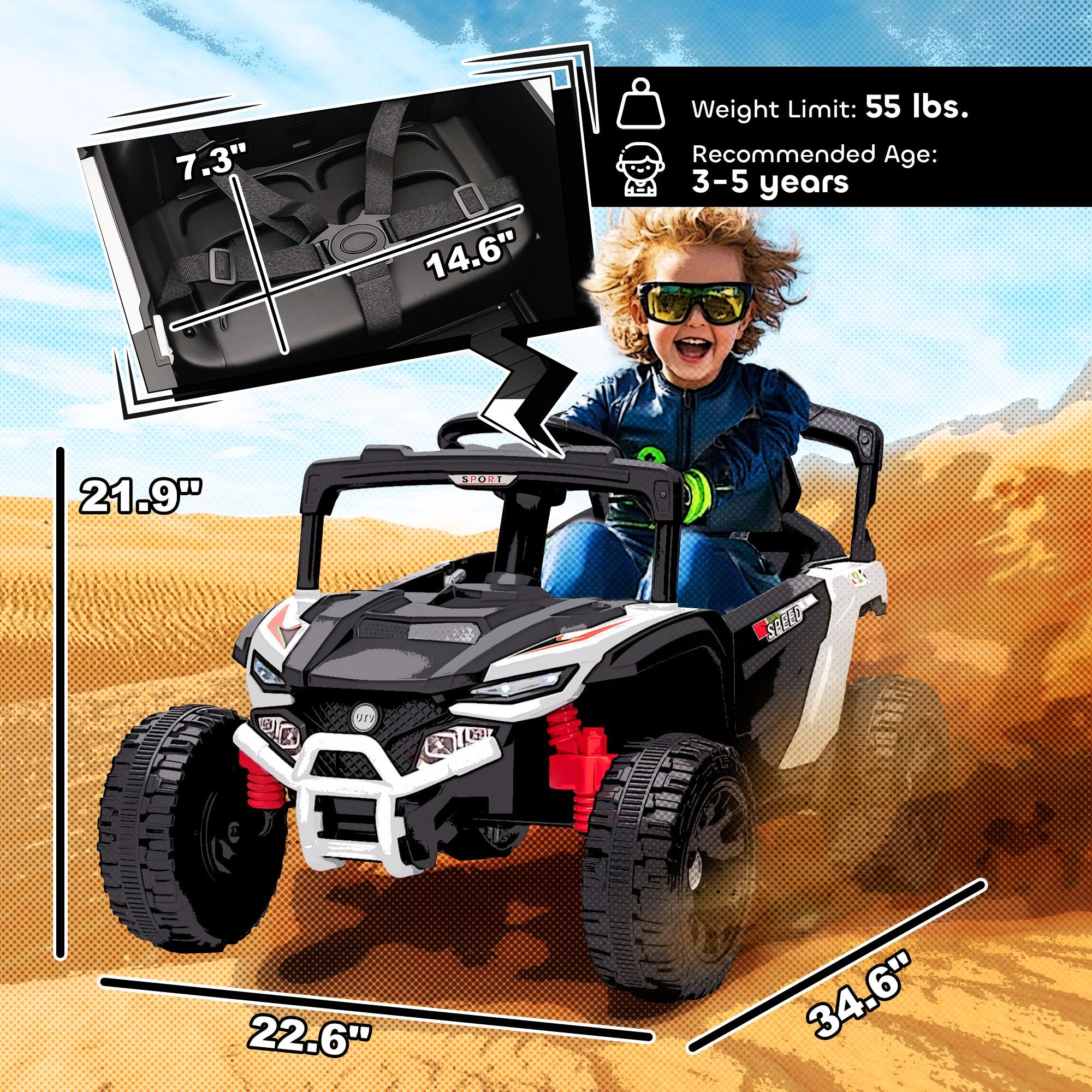 Battery-Powered 12V Kids Electric UTV Truck - Remote Controlled Vehicle with Suspension for Kids Aged 3-5, White