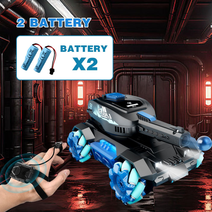 Toy robot with remote control in a sci-fi setting, featuring two batteries on screen.