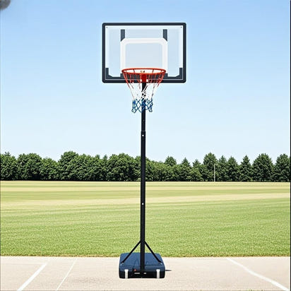 Basketball hoop on a court with trees in the background