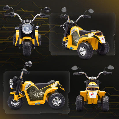 Yellow toy ATV shown from multiple angles on a dark background