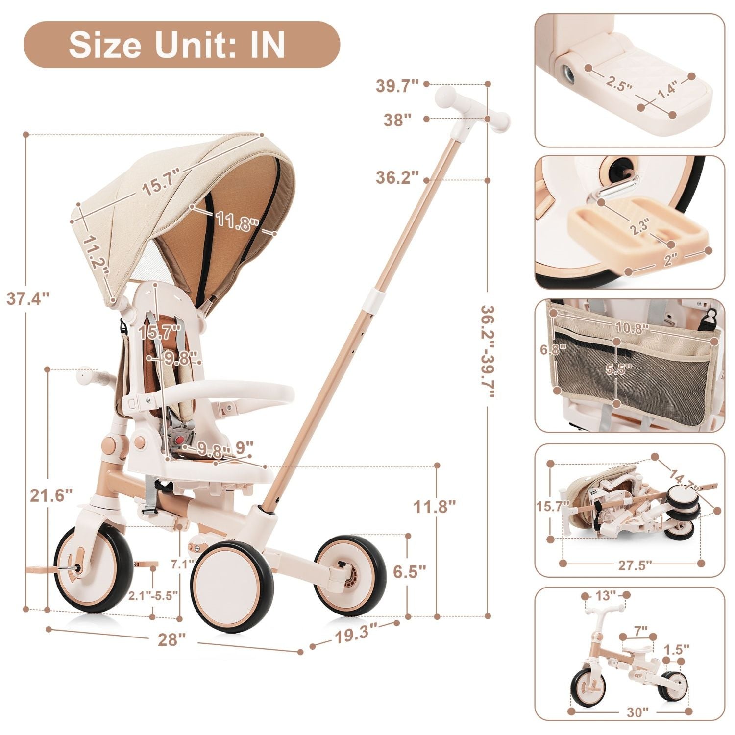 7-in-1 Premium Baby Tricycle - Ultimate Toddler Ride-On with Parent Handle, Adjustable Canopy & Safety Features, Perfect for Kids Aged 12-72 Months in Light Brown