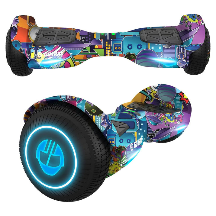 Colorful hoverboard with a geometric pattern on a white background