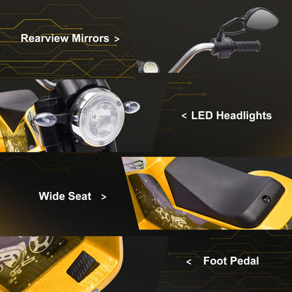 Motorcycle parts including rearview mirrors, LED headlights, wide seat, and foot pedal on a dark background.