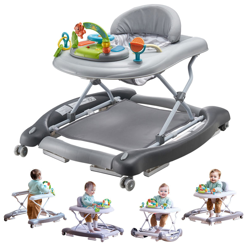 4-in-1 Baby Walker, Foldable Baby Activity Center on Wheels, 3 Adjustable Height, Music & Toys Tray, Learning-Seated | Walk-Behind | Rocker | Bouncer Toddler Walker for Girls Boys 6-24 Months