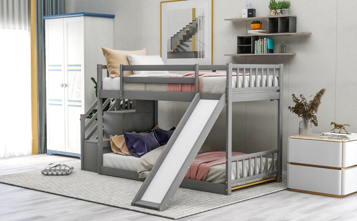Twin over Twin Bunk Bed with Convertible Slide and Stairway, Gray - The Little Big Store