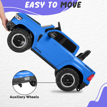 RAM 1500 Ride on Car Toy for Kids, 12V Powered Ride on Truck Toy with Remote Control, 4 Wheel Suspension, Safety Belt, Music, Bluetooth, LED Lights, Electric Cars for 3-5 Yrs Boy Girl, Blue