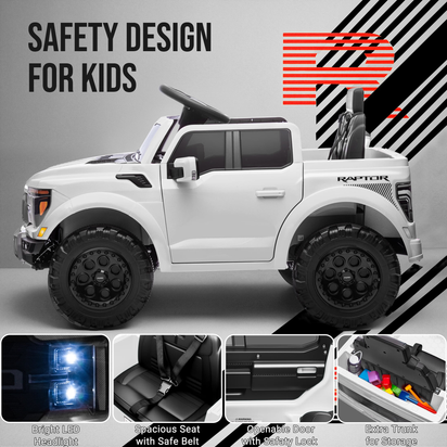 Exciting 12V Ford F 150 Raptor Ride-On Car with Remote Control - Bluetooth, LED Lights & Music for Kids Aged 3-6 - Perfect Adventure Vehicle in White