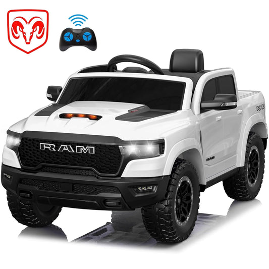 RAM 1500 Ride on Car Toy for Kids, 12V Powered Ride on Truck Toy with Remote Control, 4 Wheel Suspension, Safety Belt, Music, Bluetooth, LED Lights, Electric Cars for 3-5 Yrs Boy Girl, White