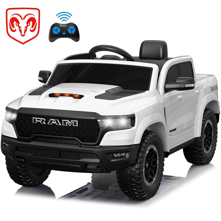 RAM 1500 Ride on Car Toy for Kids, 12V Powered Ride on Truck Toy with Remote Control, 4 Wheel Suspension, Safety Belt, Music, Bluetooth, LED Lights, Electric Cars for 3-5 Yrs Boy Girl, White