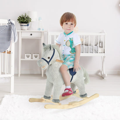 Qaba Kids Rocking Horse for Toddler 3-5, Plush Ride on Horse Wooden Rocker with Realistic Sounds, Gray - The Little Big Store