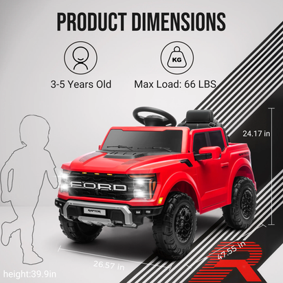 12V Ride on Cars with Remote Control, Licensed Ford F 150 Raptor Powered Ride on Toys with Bluetooth, Radio, LED Light, 4 Wheels Suspension, Kids Cars Electric Vehicles for Boys Girls Ages 3-6, Red