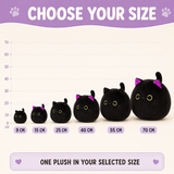 Round black cat plush size guide from 9 to 70 centimeters