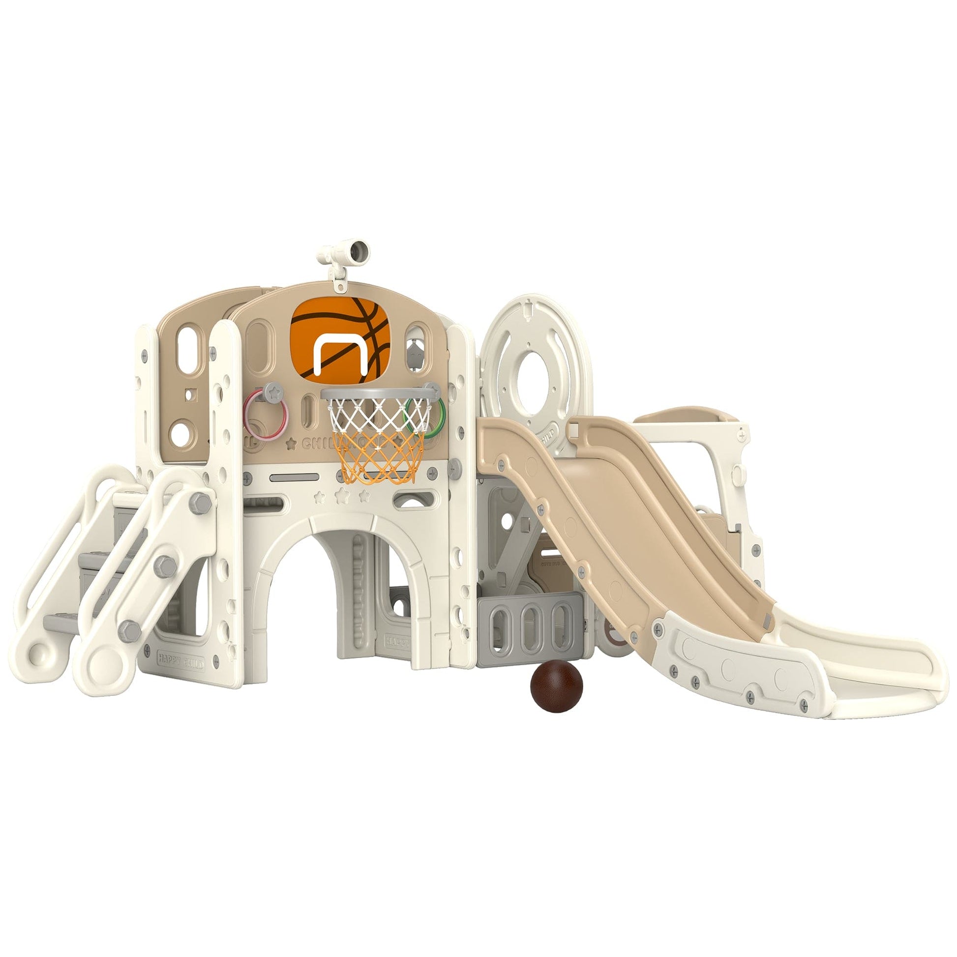 Qaba 9 in 1 Toddler Slide, Indoor Slide for Kids Ages 1-6, Car Themed Baby Slide with Basketball Hoop, Climber, Storage Space, Ring Toss, Telescope, Tunnel, Cream White - The Little Big Store
