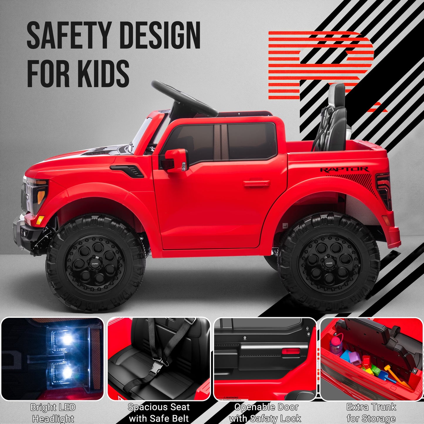 12V Ride on Cars with Remote Control, Licensed Ford F 150 Raptor Powered Ride on Toys with Bluetooth, Radio, LED Light, 4 Wheels Suspension, Kids Cars Electric Vehicles for Boys Girls Ages 3-6, Red