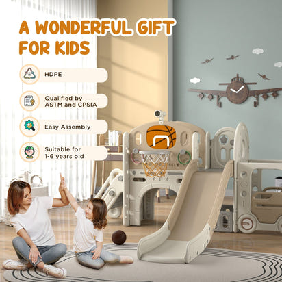 Qaba 9 in 1 Toddler Slide, Indoor Slide for Kids Ages 1-6, Car Themed Baby Slide with Basketball Hoop, Climber, Storage Space, Ring Toss, Telescope, Tunnel, Cream White - The Little Big Store