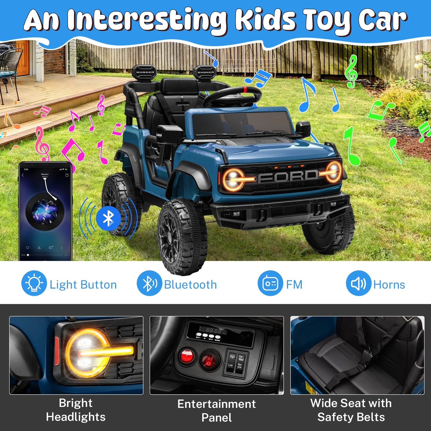 Ford Bronco Raptor Electric Ride on Toy Car for Toddler Kids, 12V Battery Powered Ride on Cars W/Remote Control, Bluetooth & Lights, Blue