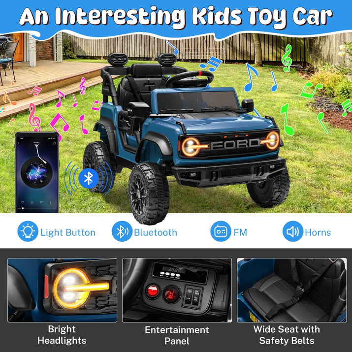 Ford Bronco Raptor Electric Ride on Toy Car for Toddler Kids, 12V Battery Powered Ride on Cars W/Remote Control, Bluetooth & Lights, Blue