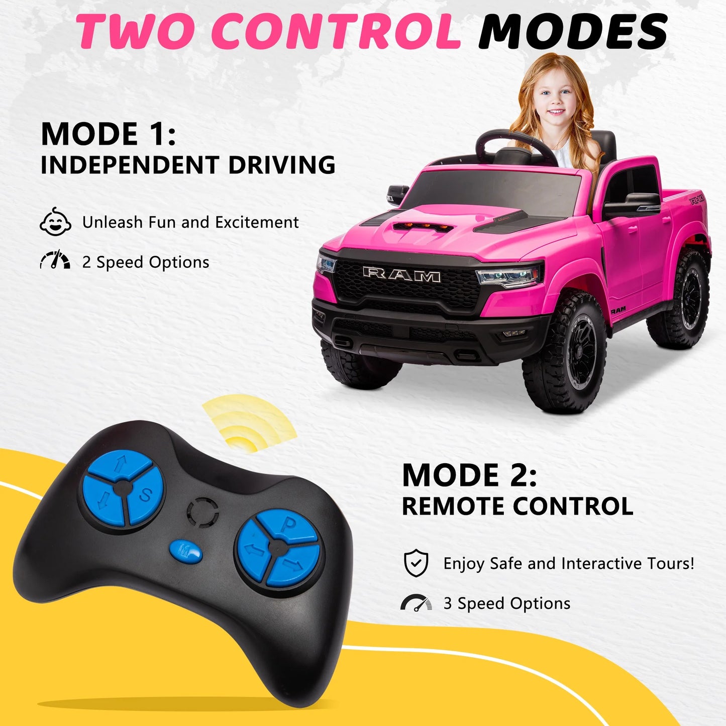 RAM 1500 Ride on Car Toy for Kids, 12V Powered Ride on Truck Toy with Remote Control, 4 Wheel Suspension, Safety Belt, Music, Bluetooth, LED Lights, Electric Cars for 3-5 Yrs Boy Girl, Pink