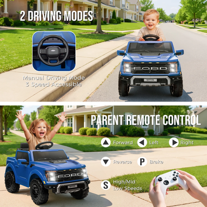 12V Ride on Cars with Remote Control, Licensed Ford F 150 Raptor Powered Ride on Toys with Bluetooth, Radio, LED Light, 4 Wheels Suspension, Kids Cars Electric Vehicles for Boys Girls Ages 3-6, Blue