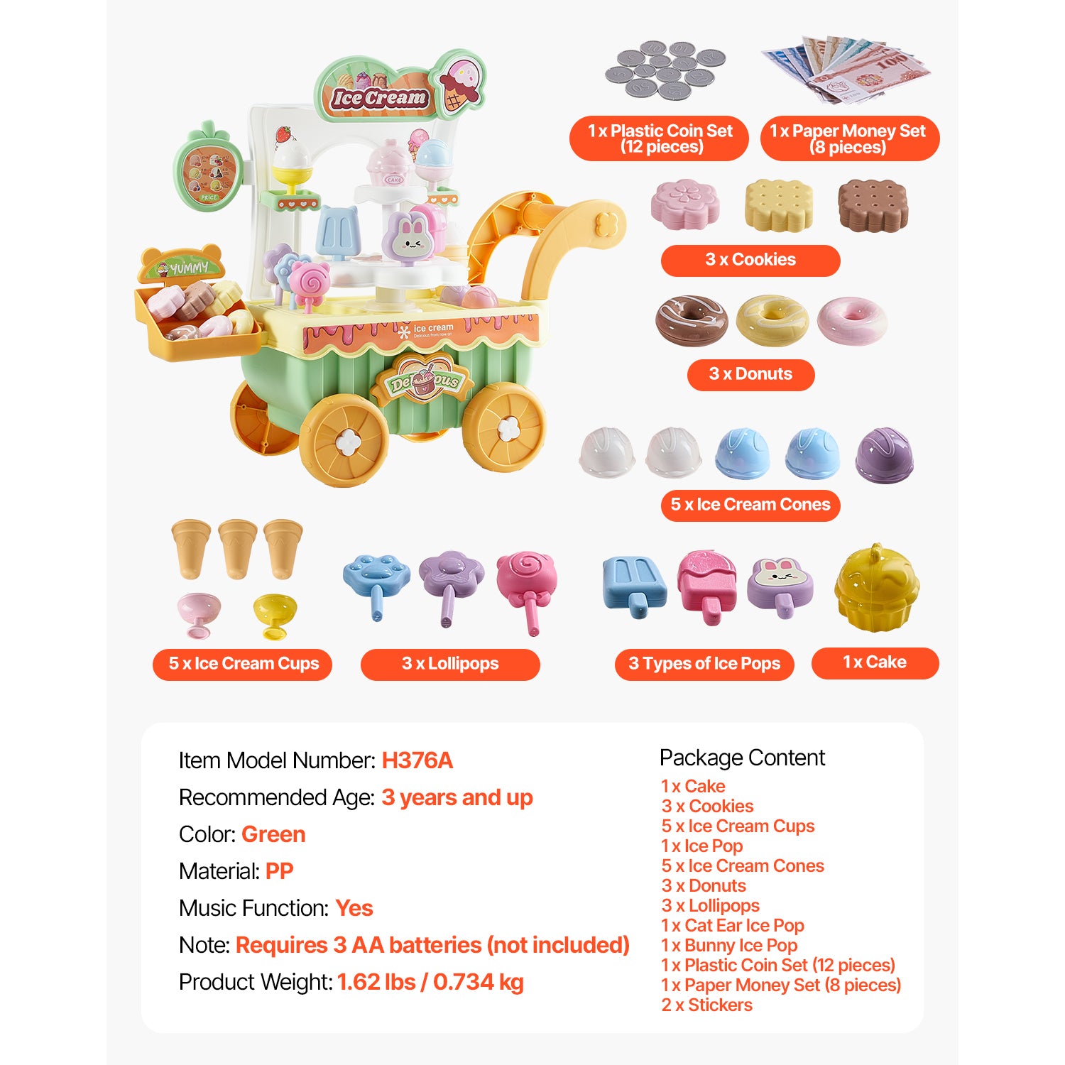 Ice Cream Cart for Kids Pretend Play Ice Cream Shop for Kids Aged 3+