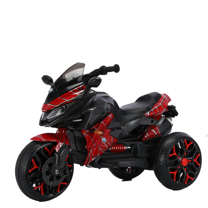 Kids 12V electric ride-on motorcycle with training wheels, headlights, and realistic design on white background