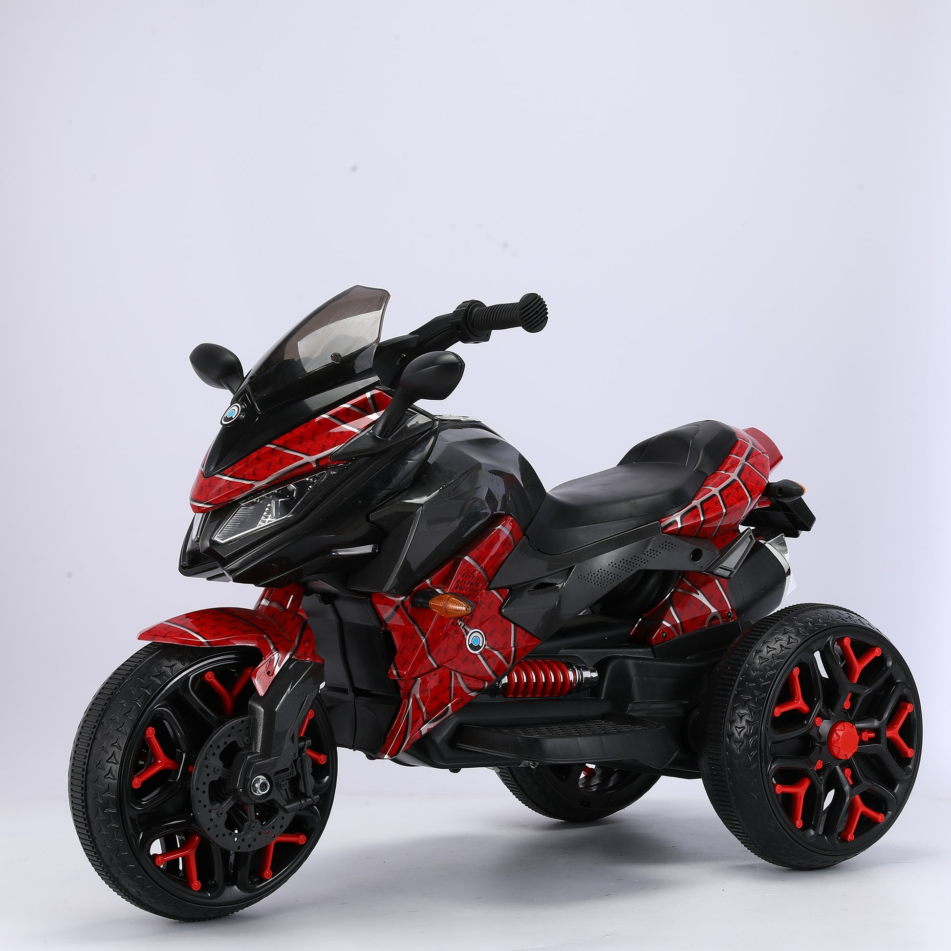 Kids 12V electric ride-on motorcycle with training wheels, headlights, and realistic design on white background
