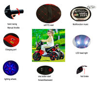 Kids 12V electric ride-on motorcycle with training wheels, headlights, and realistic design on white background