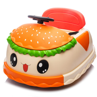 Toy car shaped like a hamburger with a smiling face on a white background