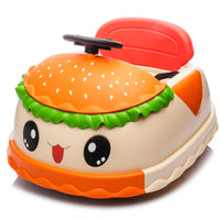 Toy car shaped like a hamburger with a smiling face on a white background