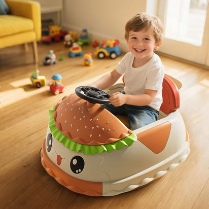 Child playing with a toy car shaped like a hamburger in a room with toys scattered around.