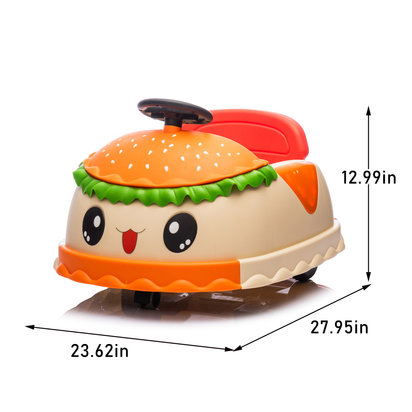 Hamburger-shaped toy car with dimensions indicated on a white background
